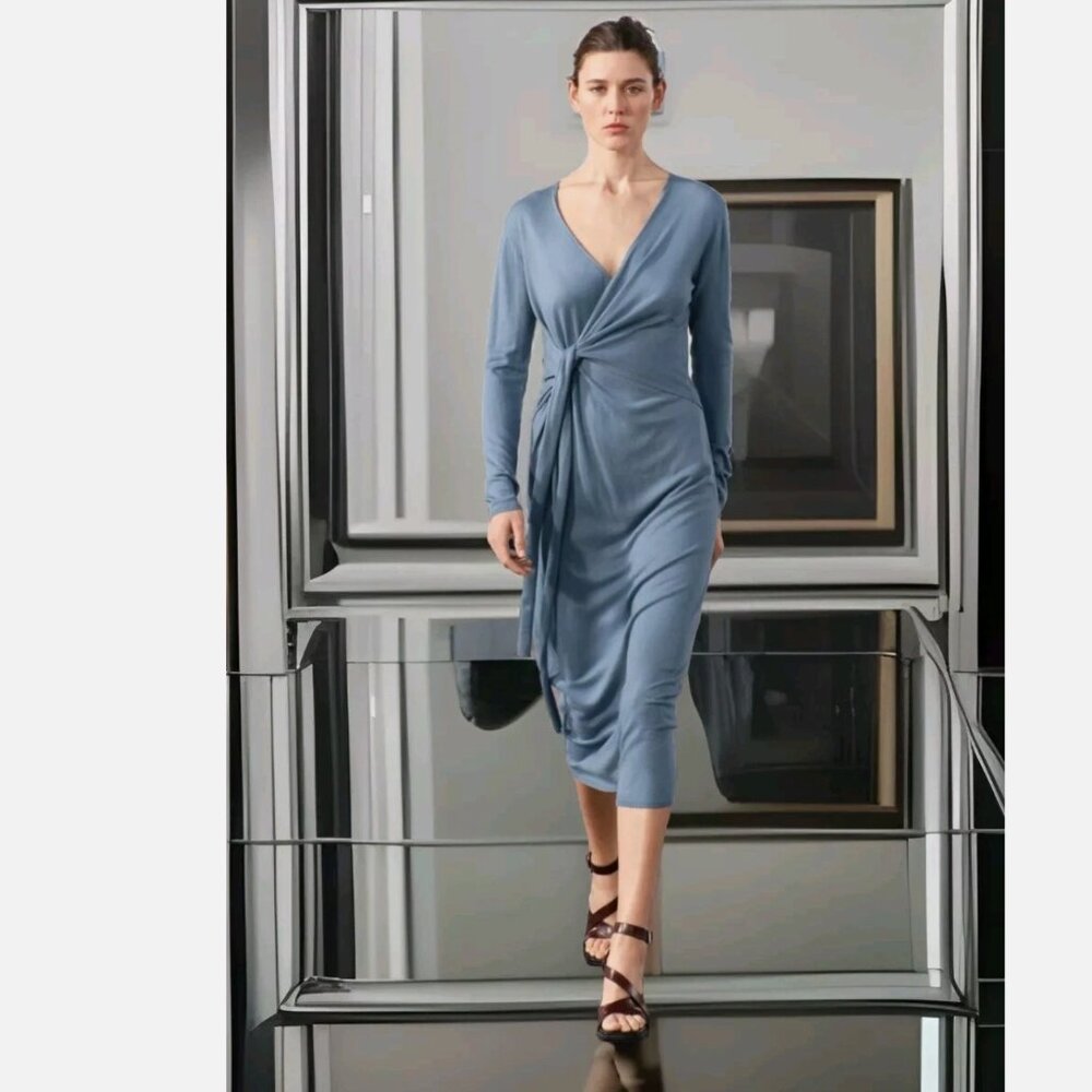 NWT Zara Size S  Side Tie V-Neck Light Dusky Blue Knit Wrap Midi Dress